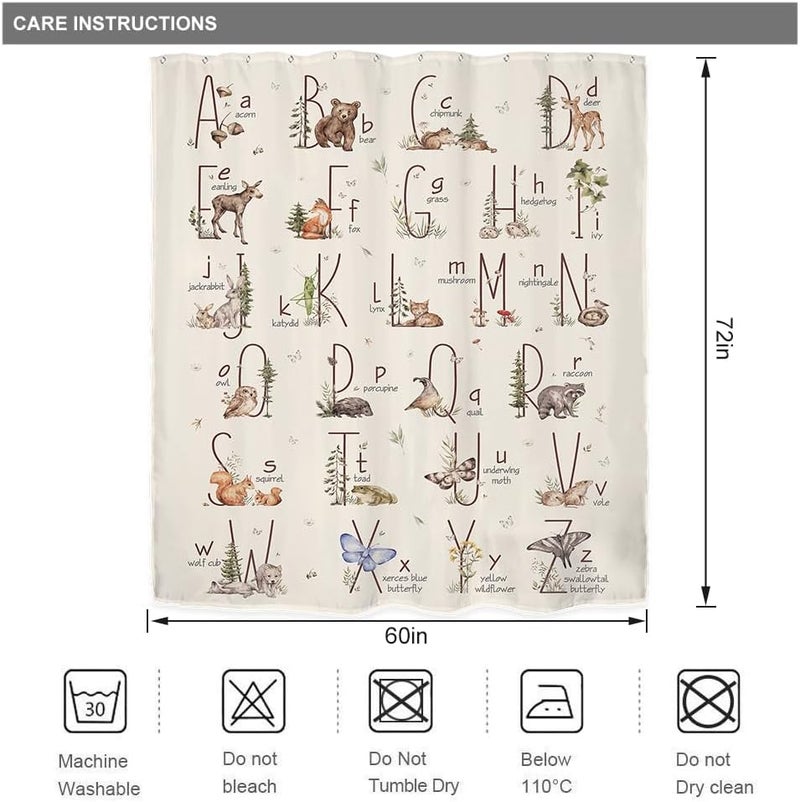 Riyidecor Kids Alphabet Shower Curtain for Bathroom Decor 60Wx72H Children Boho Woodland Cute Funny Animals ABC Learning Nursery Aesthetic Art Printed Fabric Polyester Waterproof 12 Pack Plastic Hooks - Image 3