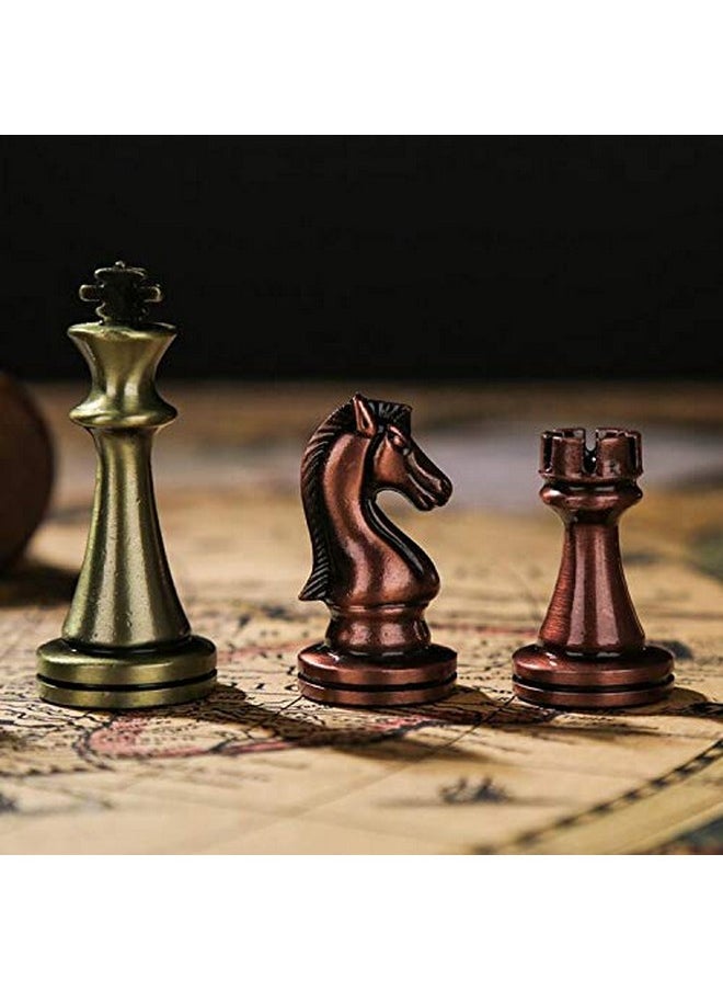Agirlgle - Retro Metal Chess Set With Folding Wooden Chess Board And Classic Handmade Standard Pieces Metal Chess Set For Kids Adult - Image 1