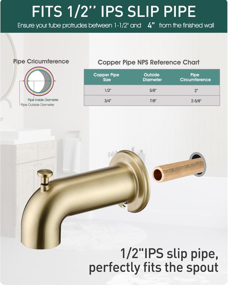 LOCALAND Slip-On Extra Long Tub Spout with Diverter, 1/2 Inch Slip Fit Connection,Brushed Gold - Image 2