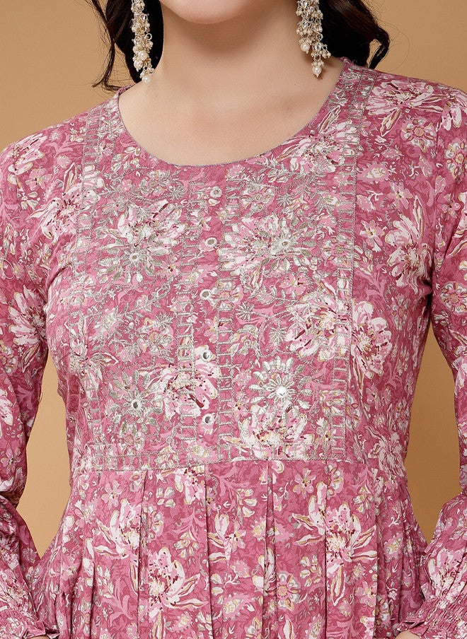 LARGISH Pink Floral Print Cotton Fit & Flare Midi Dress - Image 3