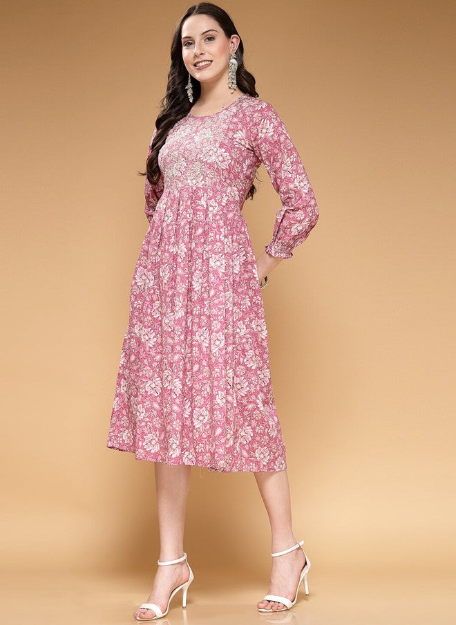 LARGISH Pink Floral Print Cotton Fit & Flare Midi Dress - Image 5