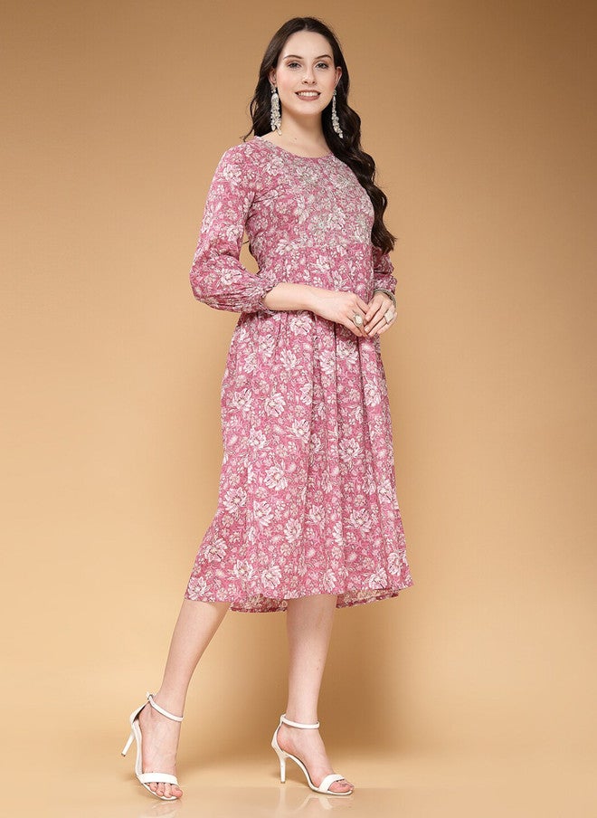 LARGISH Pink Floral Print Cotton Fit & Flare Midi Dress - Image 4