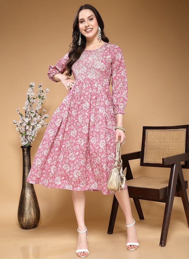 LARGISH Pink Floral Print Cotton Fit & Flare Midi Dress - Image 1