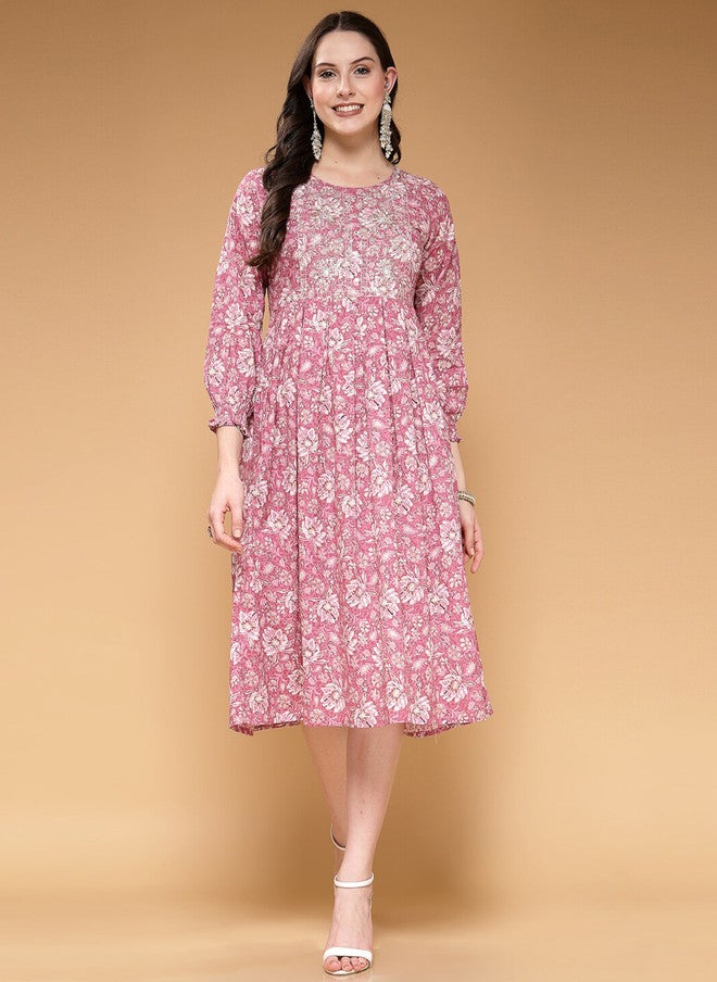 LARGISH Pink Floral Print Cotton Fit & Flare Midi Dress - Image 2