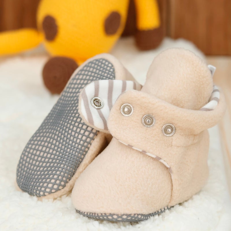 Ella Bonna Polar Baby Slippers, Non-Slip Sole, Organic Cotton Lined, First Step Home Slippers, Beige  - Image 3