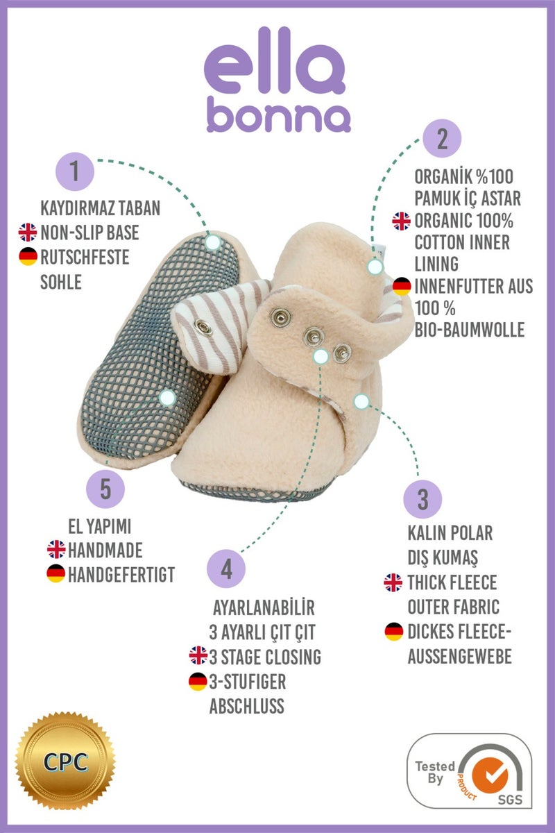 Ella Bonna Polar Baby Slippers, Non-Slip Sole, Organic Cotton Lined, First Step Home Slippers, Beige  - Image 4
