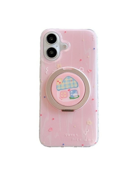 Case for iPhone 16 with Ring Stand, Cute House Cartoon Pattern Shockproof Case, Slim Case Compatible with iPhone 16, Silicone Material Anti-Fall Drop Protection Case for iPhone 16 6.1 inches