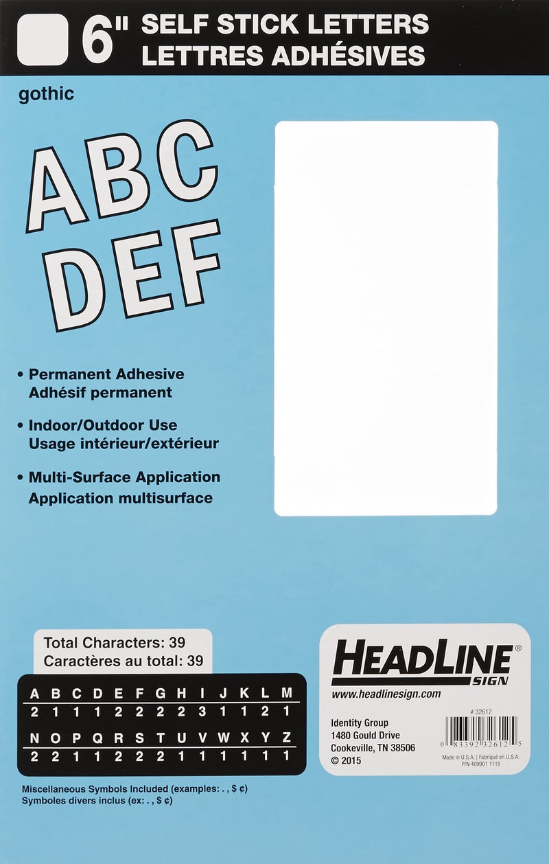Headline Sign 32612 StickOn Vinyl Letters White 6Inch Made in USA
