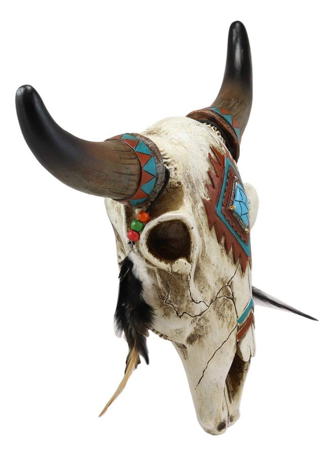 Ebros Gift Ebros 12.5" Wide Western Southwest Steer Bison Buffalo Bull Cow Horned Skull Head with Faux Turquoise Diamond and Dream Catcher Feathers with Beads Wall Mount Decor Native Animal Totem Bust Skulls - Image 4
