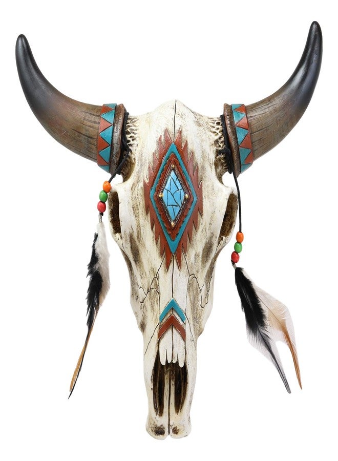 Ebros Gift Ebros 12.5" Wide Western Southwest Steer Bison Buffalo Bull Cow Horned Skull Head with Faux Turquoise Diamond and Dream Catcher Feathers with Beads Wall Mount Decor Native Animal Totem Bust Skulls - Image 1