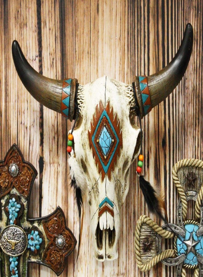 Ebros Gift Ebros 12.5" Wide Western Southwest Steer Bison Buffalo Bull Cow Horned Skull Head with Faux Turquoise Diamond and Dream Catcher Feathers with Beads Wall Mount Decor Native Animal Totem Bust Skulls - Image 2
