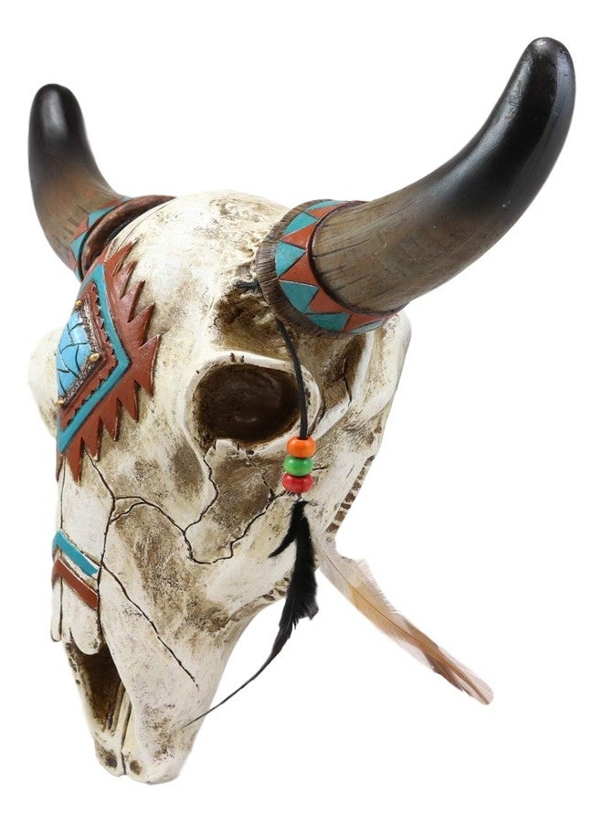 Ebros Gift Ebros 12.5" Wide Western Southwest Steer Bison Buffalo Bull Cow Horned Skull Head with Faux Turquoise Diamond and Dream Catcher Feathers with Beads Wall Mount Decor Native Animal Totem Bust Skulls - Image 3