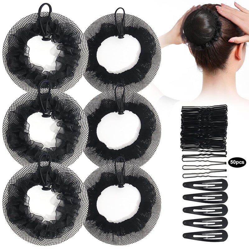 KESAPLAN 6PCS Bun Hair Nets Set Reusable Elastic Mesh Bun Cover for Ballerina Dancer Bank Clerk Nurse Hair Fixing Black Stretch Lace Hair Accessories Headwear for Women Girls Mixed Style Medium