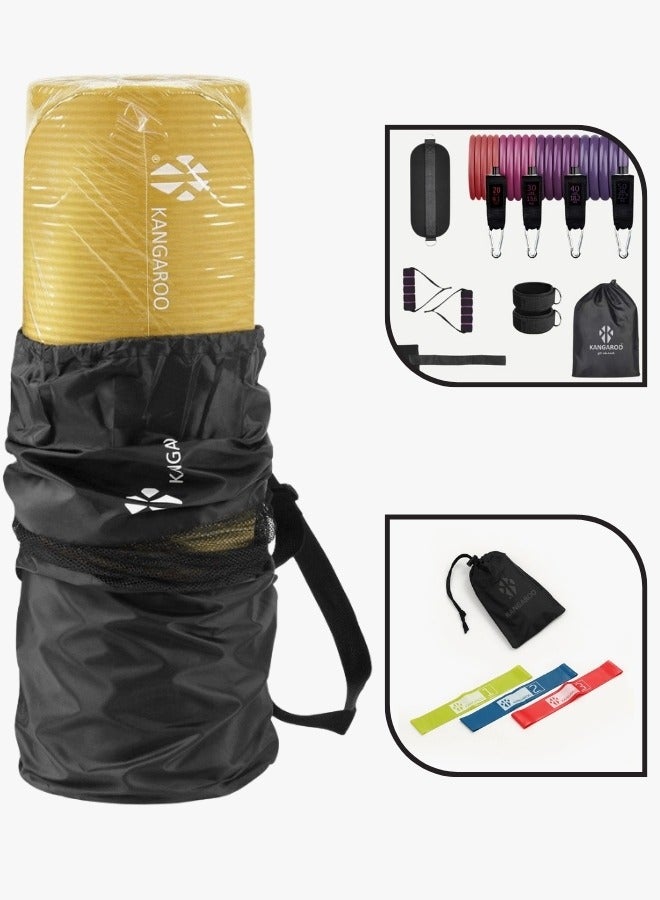 كانجرو مجموعة فرشة التمارين سمك 15 ملي لون اصفر مع حبال المقاومة الشاملةو رباط مطاط المقاومة