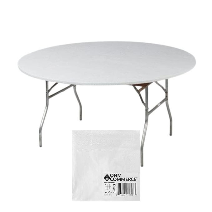 KWIKCOVERS 72 ROUND WHITE PLASTIC TABLE COVERS BUNDLE OF 5 WITH SEVENTY 70 OHM COMMERCE PAPER NAPKINS INDOOR OR OUTDOOR FITTED TABLE COVERS TABLE NOT INCLUDED