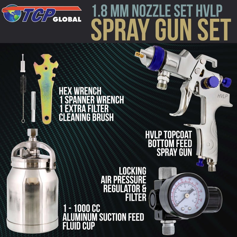 TCP Global Professional HVLP Spray Gun 1.8mm - Gravity Feed Auto Paint Gun Kit for Basecoat, Clearcoat, Primer - Spray Guns Paint Sprayer with 1-Liter Cup, Steel Fluid Tip & Air Compressor Regulator - Image 2