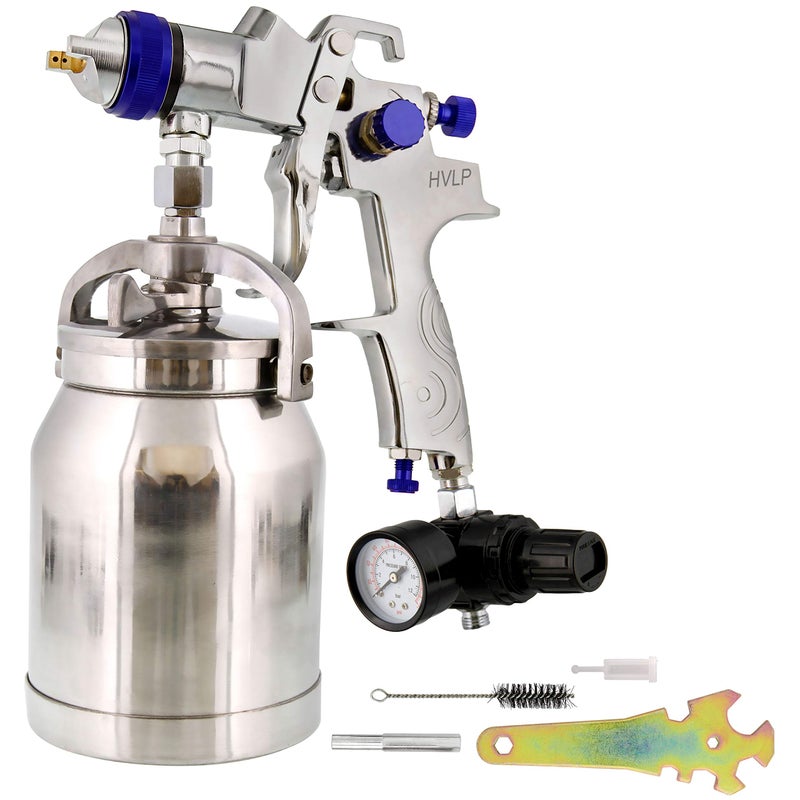 TCP Global Professional HVLP Spray Gun 1.8mm - Gravity Feed Auto Paint Gun Kit for Basecoat, Clearcoat, Primer - Spray Guns Paint Sprayer with 1-Liter Cup, Steel Fluid Tip & Air Compressor Regulator - Image 1