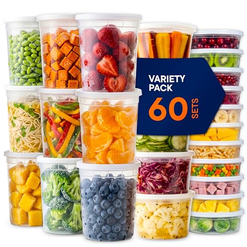 Stack Man [60-Sets] Plastic Deli Food Storage Containers with Airtight Lids Combo Set | 32 oz | 16 oz | 8 oz. | Disposable Plastic Takeout Containers for Soup - Freezer, Microwave and Dishwasher Safe - Image 1