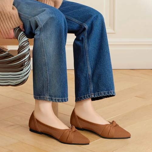 TINGRISE Women's Flats Shoes Comfortable Dressy Pointed Toe Knit Washable Ballet Flat Brown US8 - Image 5