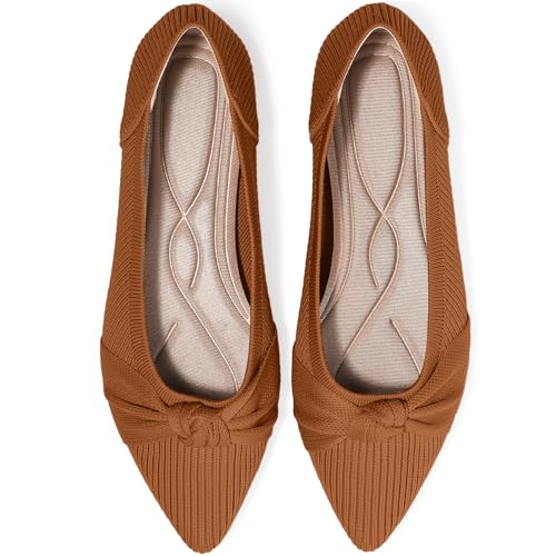 TINGRISE Women's Flats Shoes Comfortable Dressy Pointed Toe Knit Washable Ballet Flat Brown US8 - Image 1