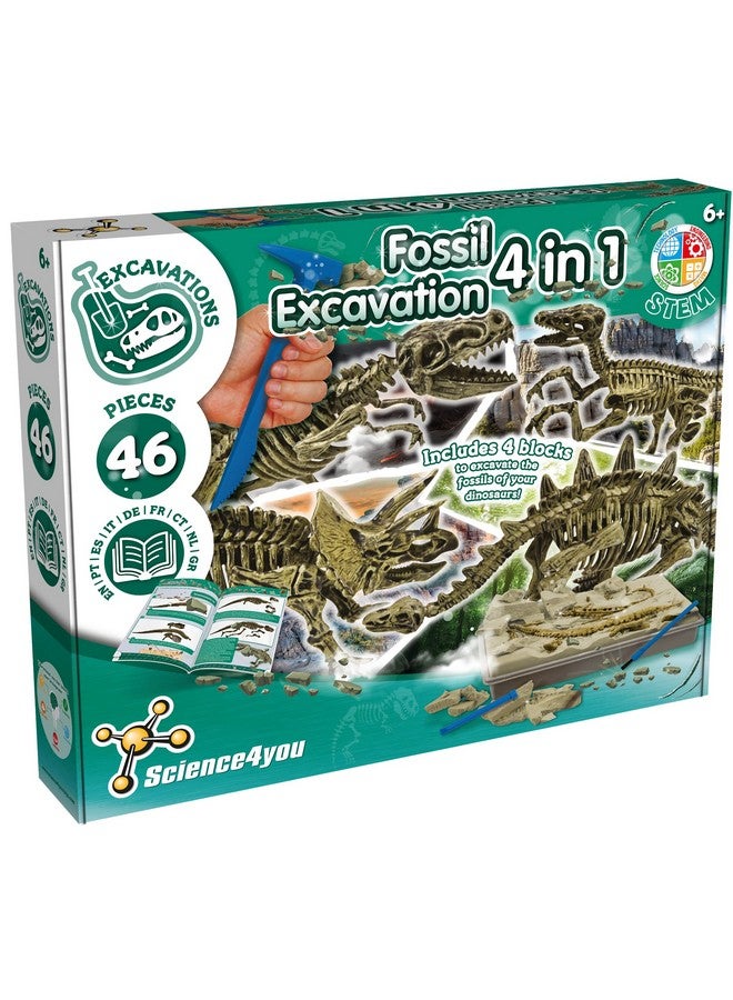 ساينس 4 يو مجموعة حفريات الديناصورات 4 في 1 مجموعة حفر أحفورية للأطفال بناء 4 حفريات ديناصورات 46 قطعة مجموعة آثار مجموعة صيد ألعاب الديناصورات للأولاد والبنات من سن 6 سنوات فما فوق - Image 1