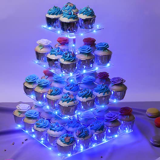 حامل كب كيك من Weddingwish، حامل عرض كب كيك أكريليك مربع من 4 طبقات مع سلسلة أضواء LED، حامل معجنات برج الحلوى لأعياد الميلاد أو حفلات الزفاف (أزرق) - Image 2