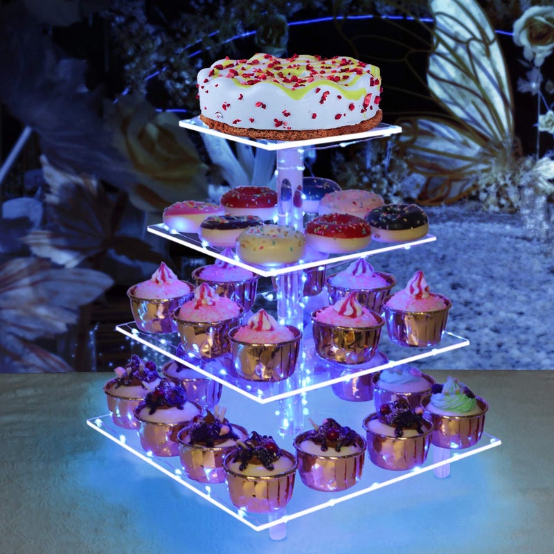 حامل كب كيك من Weddingwish، حامل عرض كب كيك أكريليك مربع من 4 طبقات مع سلسلة أضواء LED، حامل معجنات برج الحلوى لأعياد الميلاد أو حفلات الزفاف (أزرق) - Image 3