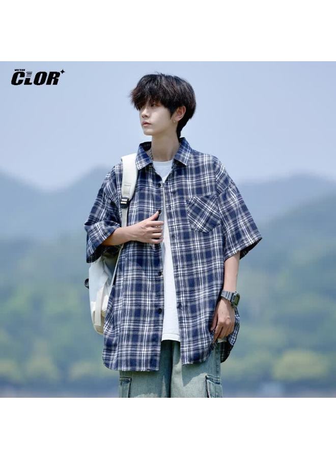 Clor Men's Plaid Short Sleeve Shirt Summer Loose Casual American Vintage Jacket Clcx10 Navy 3XL - Image 5