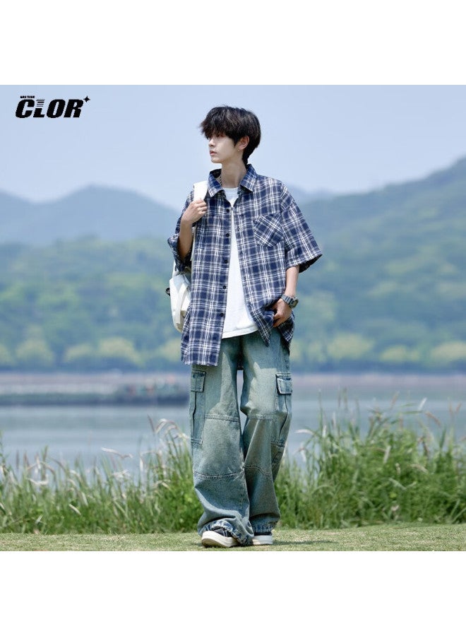 Clor Men's Plaid Short Sleeve Shirt Summer Loose Casual American Vintage Jacket Clcx10 Navy 3XL - Image 3