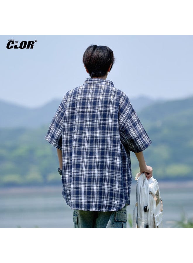 Clor Men's Plaid Short Sleeve Shirt Summer Loose Casual American Vintage Jacket Clcx10 Navy 3XL - Image 2