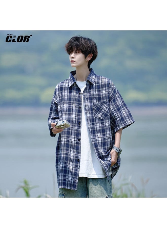 Clor Men's Plaid Short Sleeve Shirt Summer Loose Casual American Vintage Jacket Clcx10 Navy 3XL - Image 1