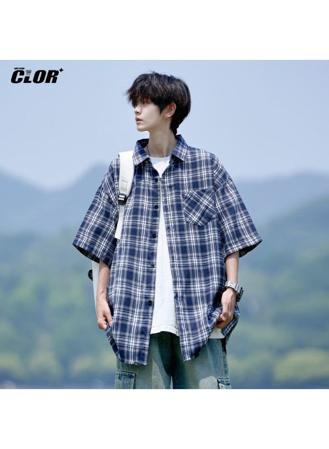 Clor Men's Plaid Short Sleeve Shirt Summer Loose Casual American Vintage Jacket Clcx10 Navy 3XL - Image 4