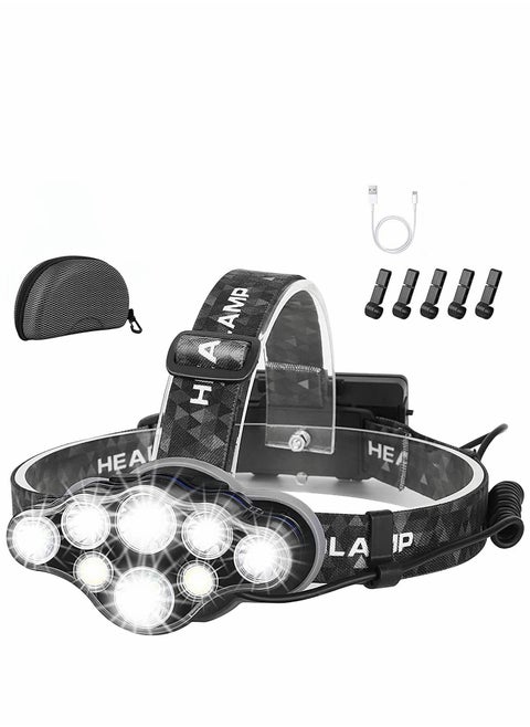 Head Torch, Super Bright Headlight, 18000 Lumens 8 LED 8 Modes Headlamp, Rechargeable Waterproof with Red Flash Light Head Torch, for Camping, Fishing, Running