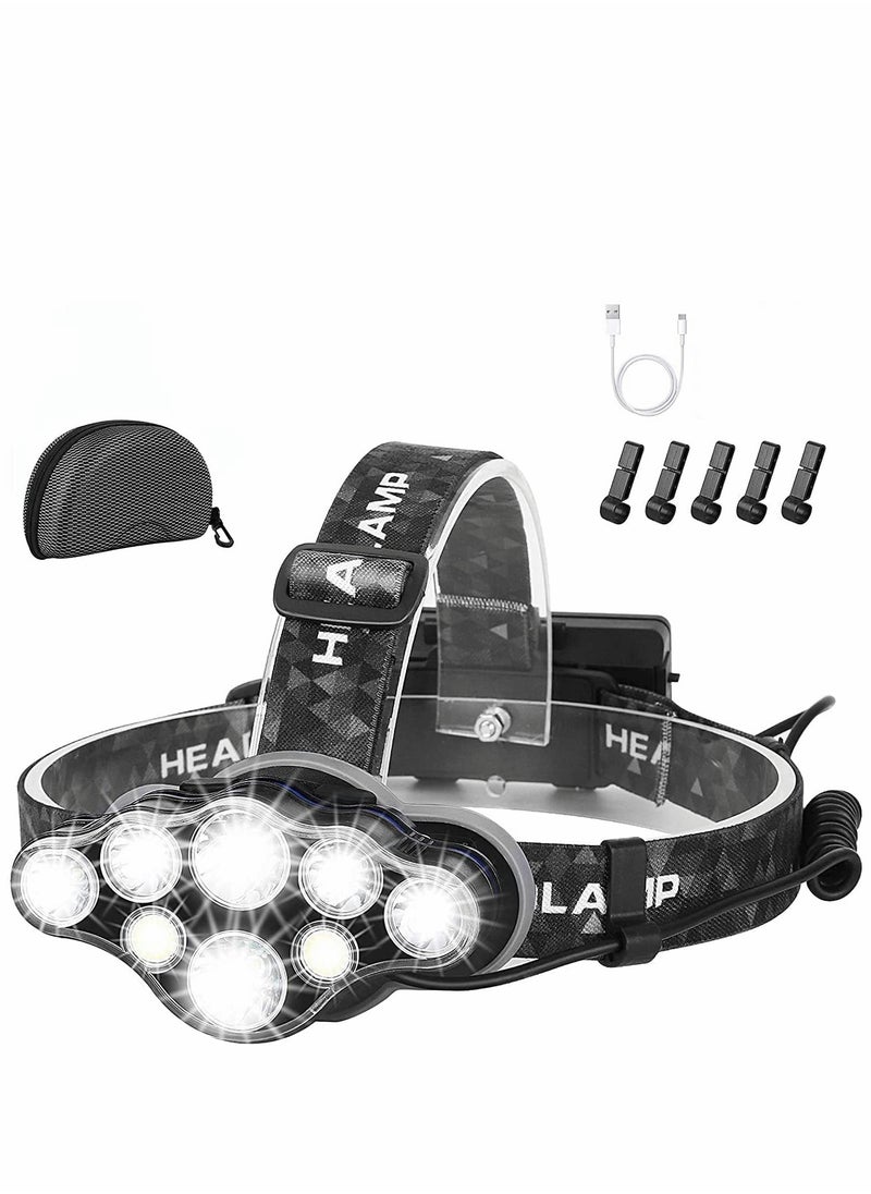 Head Torch, Super Bright Headlight, 18000 Lumens 8 LED 8 Modes Headlamp, Rechargeable Waterproof with Red Flash Light Head Torch, for Camping, Fishing, Running