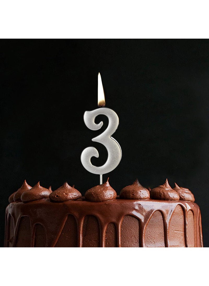 Funcart Funcart Silver Color Numerical Number 3 Cake Topper Candle 3rd Birthday Candles for Cake Number 3 Metallic Candle Party Anniversary Cakes Decoration for Kids Women or Men  - Image 1