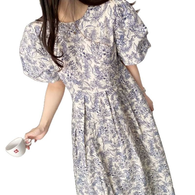 South Korea Chic Summer French Summer Round Neck Stitching Ruffled Design Loose Floral dress Dress Color Picture color 