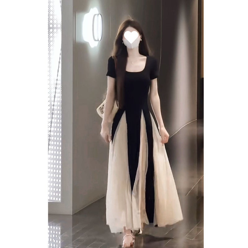 [Shop selling] Summer French new stitching mesh square collar slimming Hepburn temperament dress plus size Black apricot 