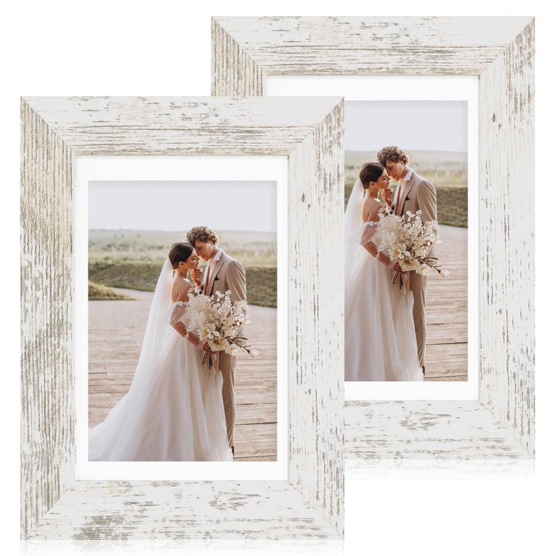 Hongkee 5x7 Picture Frame Set of 2 Made of Real Glass and Distressed White Wooden Frame  Display Pictures 4x6 with Mat or 5x7 Without Mat 5 by 7 Photo Frame for Wall or Tabletop Display