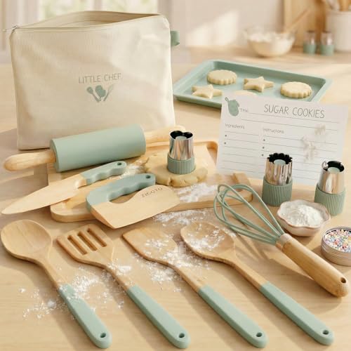 ZICOTO Wooden Cooking Baking Set for Kids Safe Real Kitchen Tools Give Toddlers a Fun Cooking Experience Durable Utensils are Perfect for Gifting to Create Lasting Family Memories - Image 1