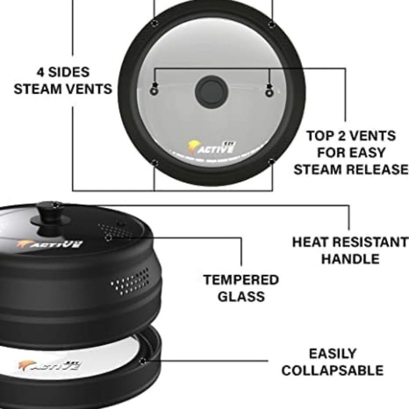 EZY ACTIVE Collapsible Microwave Cover for Food - Silicone and Glass Splatter Guard Lid for 6-12 inch Plates & Bowls, Dishwasher Safe, Heat Resistant, BPA-Free, Black - Image 3