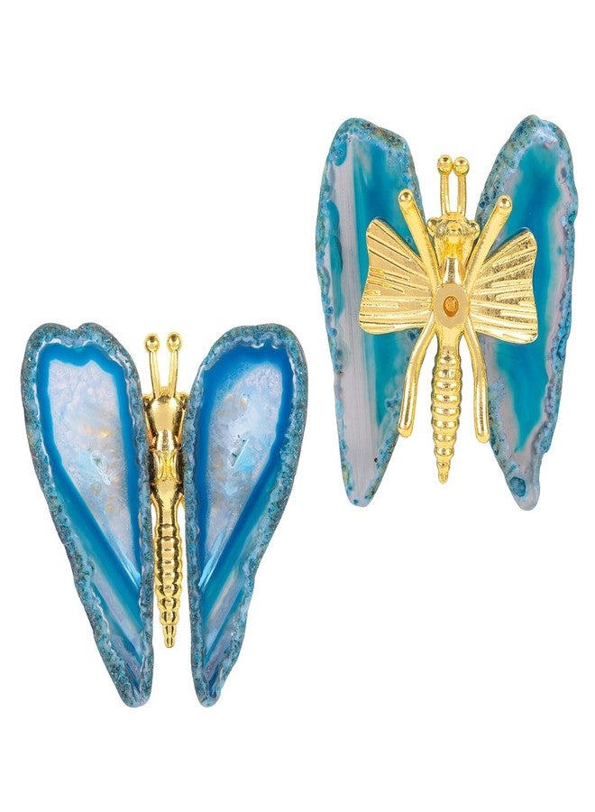 mookaitedecor Set of 2 Blue Agate Slice Butterfly Figurine, Crystal Stone Butterfly Wings Metal Stand for Home Table Decoration - Image 1