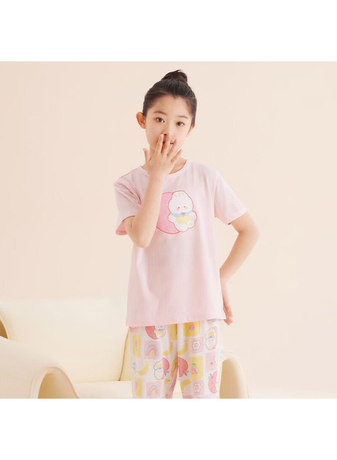 Red Bean Hongdou Children's Pajamas, Short-sleeve Home Wear Set, For Boys And Girls, Summer Pure Cotton Casual Two-piece Set, J3308, Pink And Purple, Size 160 - Image 1