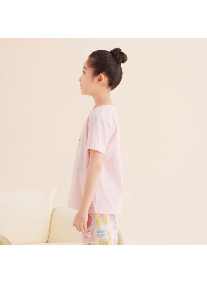 Red Bean Hongdou Children's Pajamas, Short-sleeve Home Wear Set, For Boys And Girls, Summer Pure Cotton Casual Two-piece Set, J3308, Pink And Purple, Size 160 - Image 2