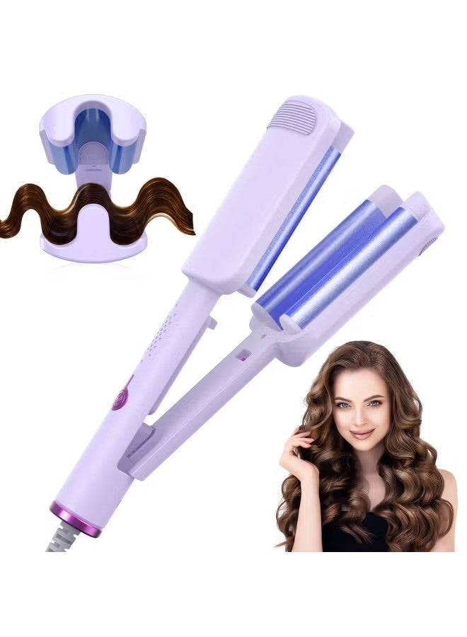 PANDA JOJO 32MM Ceramic Curling Wand - 3 Barrel Beach Wave Hair Curler with Adjustable Temp (160°C-220°C), Anti-Scald Design & Travel Lock | Frizz-Free Waves for All Hair Types | Purple - Image 1