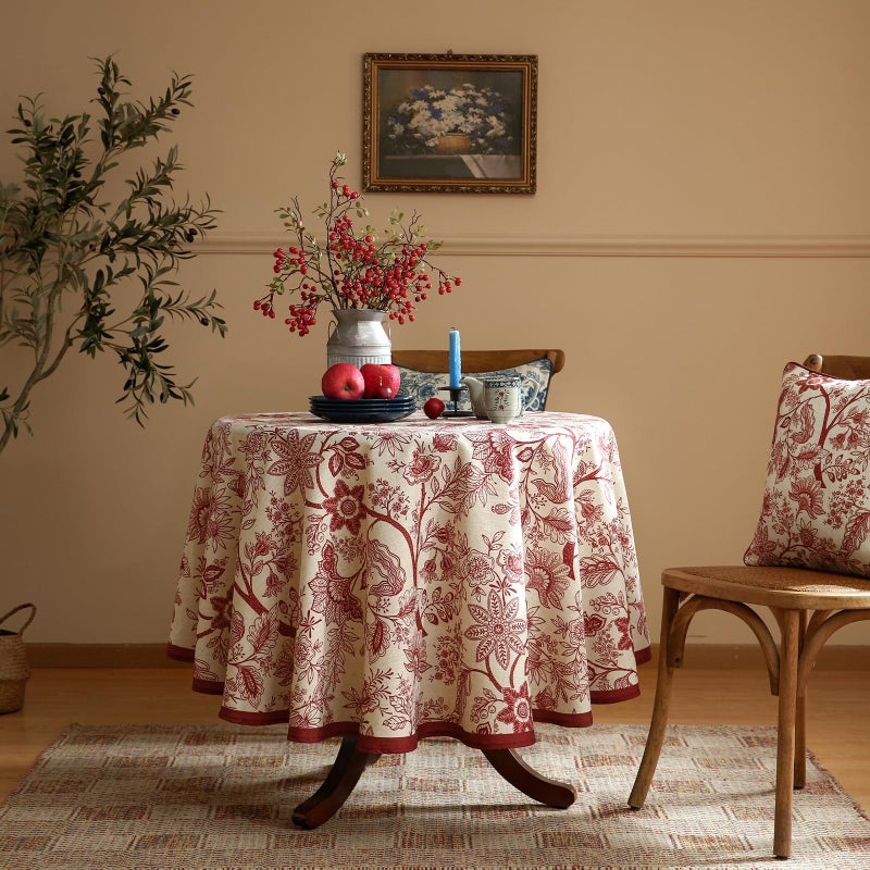Isaenne Designer French Linen Small Round Tablecloth Red Floral Washable Indoor Table Cloth Durable Home Decor Tablecloths For Dining Thanksgiving Kitchen Party Christmas Diameter 55""-Ruyi A - Image 2