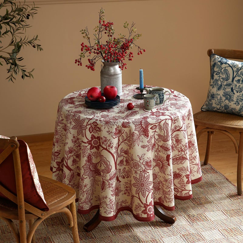 Isaenne Designer French Linen Small Round Tablecloth Red Floral Washable Indoor Table Cloth Durable Home Decor Tablecloths For Dining Thanksgiving Kitchen Party Christmas Diameter 55""-Ruyi A - Image 3