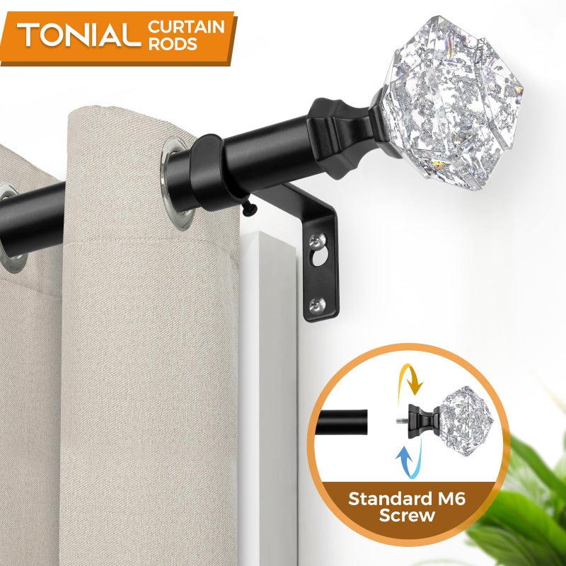 TONIAL Curtain Rods 32 to 58 Inch(2.6 to 4.8 ft), Telescoping Splicing 3/4 Single Rods for Windows 20 to 53 Inch(1.7 to 4.4 ft Decorative Drapery Rod with Translucent Diamond Finial, Black - Image 3
