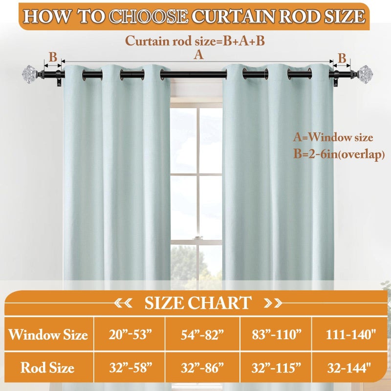 TONIAL Curtain Rods 32 to 58 Inch(2.6 to 4.8 ft), Telescoping Splicing 3/4 Single Rods for Windows 20 to 53 Inch(1.7 to 4.4 ft Decorative Drapery Rod with Translucent Diamond Finial, Black - Image 5