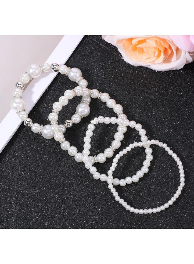 PAWSONIFY 4Pcs Pearl Bracelets for Women Stackable Stretch Bead Bracelets Elastic Pearl Bracelet for Bridesmaid Bridal Wedding - Image 5