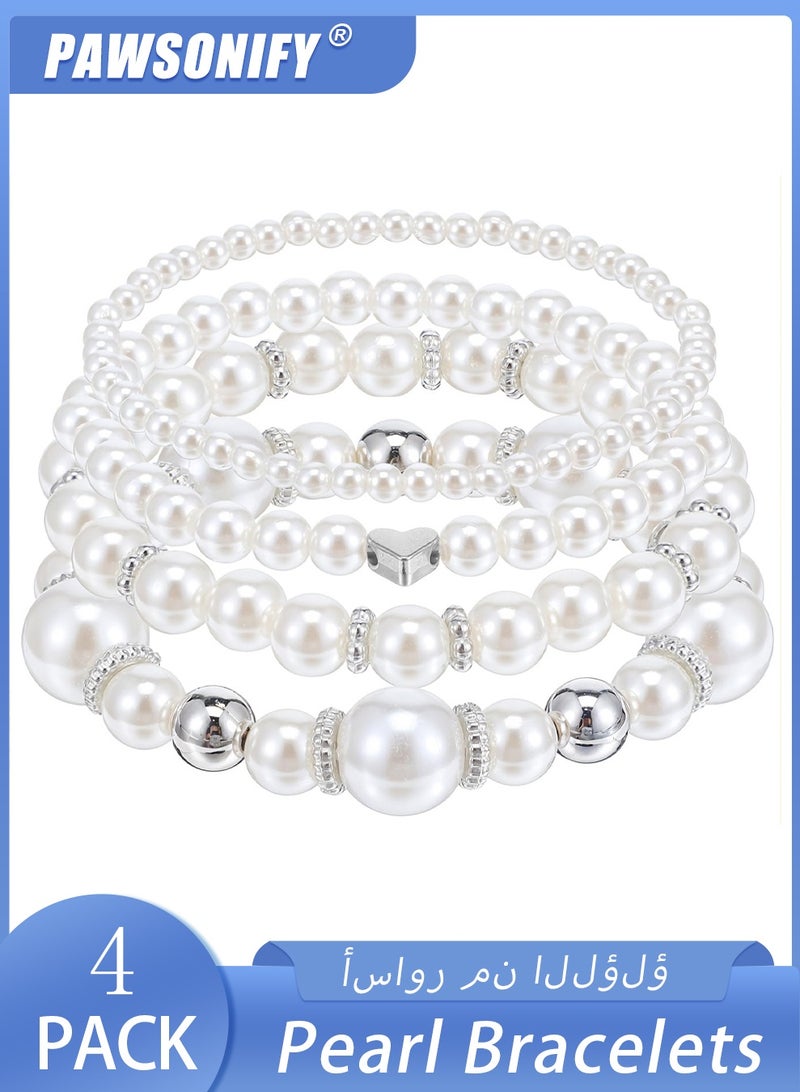 PAWSONIFY 4Pcs Pearl Bracelets for Women Stackable Stretch Bead Bracelets Elastic Pearl Bracelet for Bridesmaid Bridal Wedding - Image 1